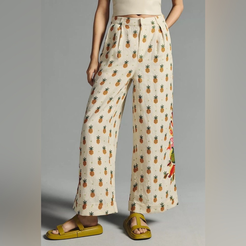 New Farm Rio x Anthropologie Linen Pineapple Resort Pants Trousers sz S - Picture 3 of 8